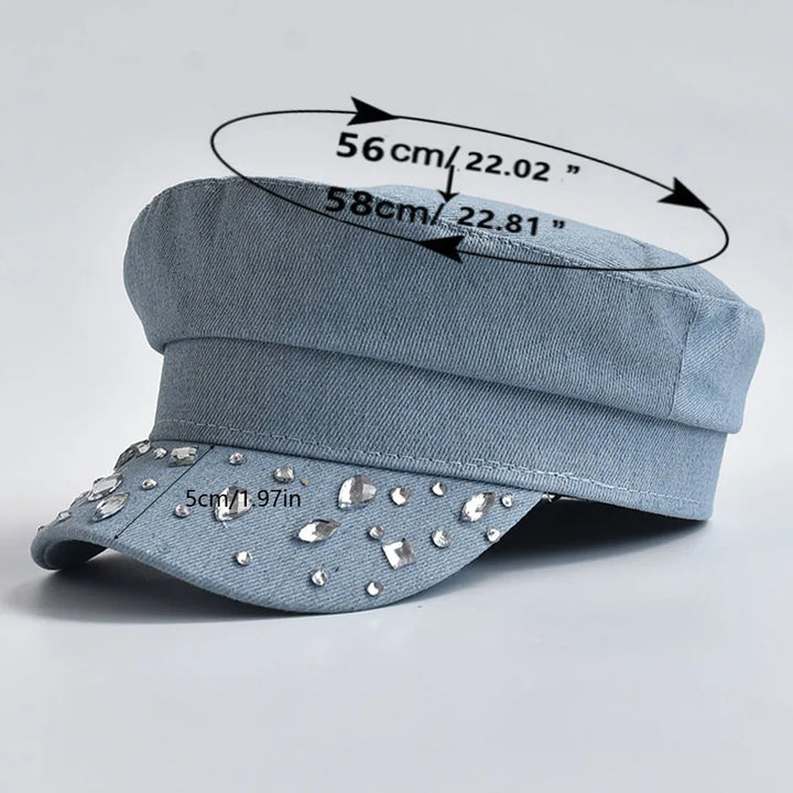 Alana | Women’s denim cabbie hat with gemstone accents