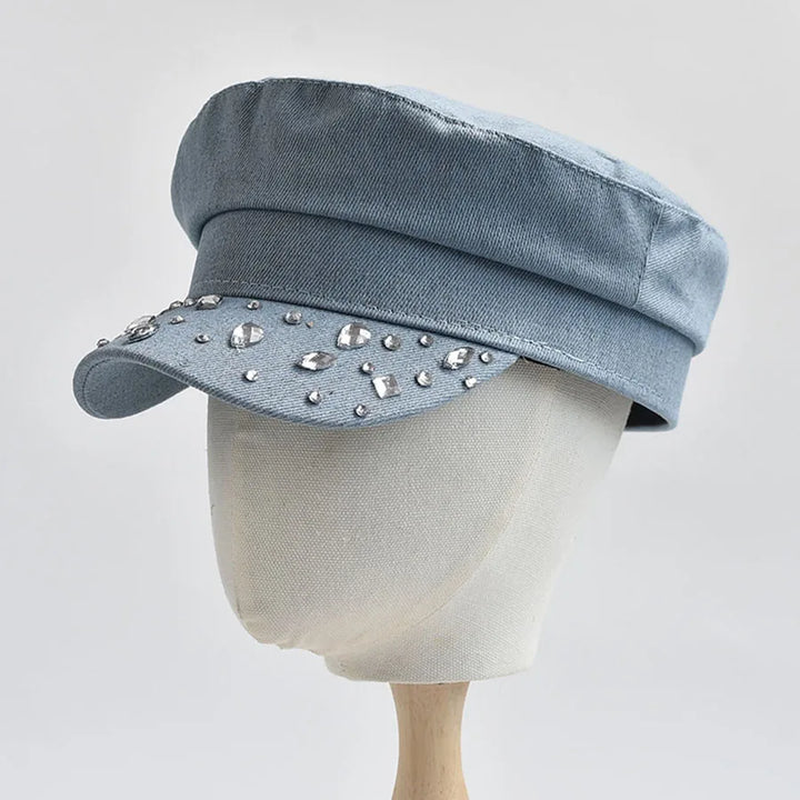 Alana | Women’s denim cabbie hat with gemstone accents