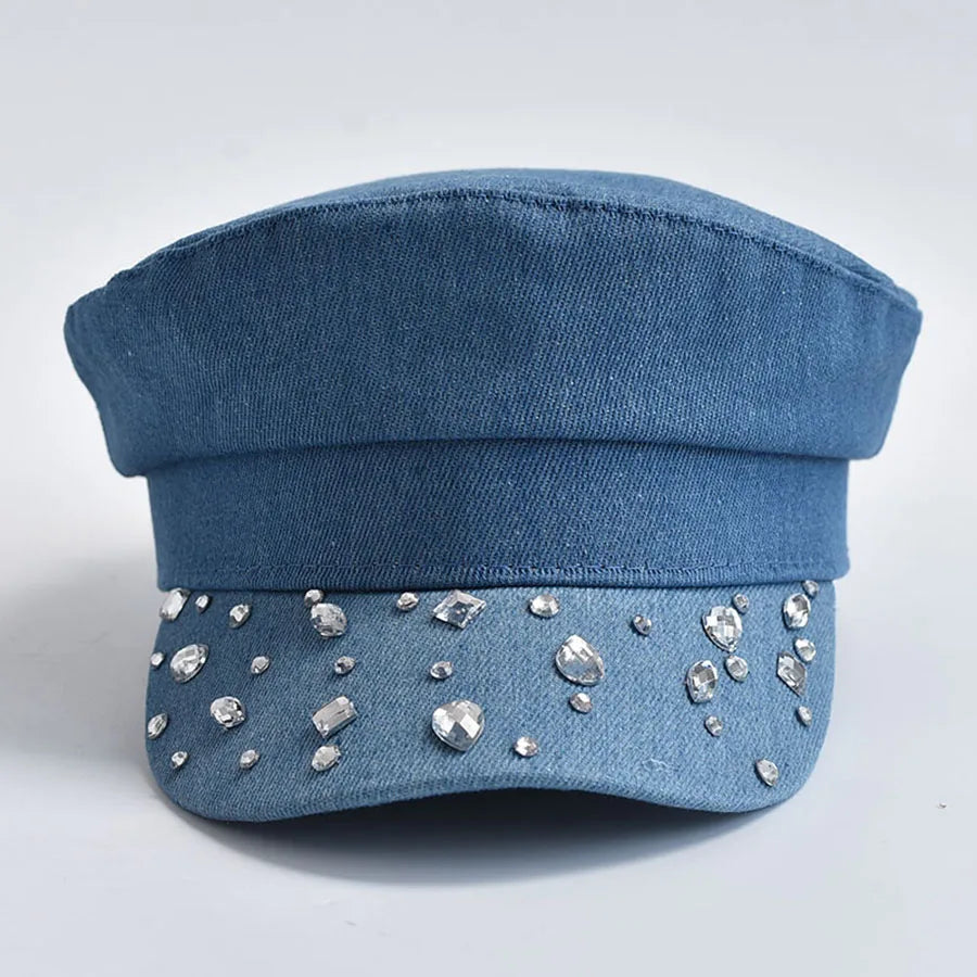 Alana | Women’s denim cabbie hat with gemstone accents