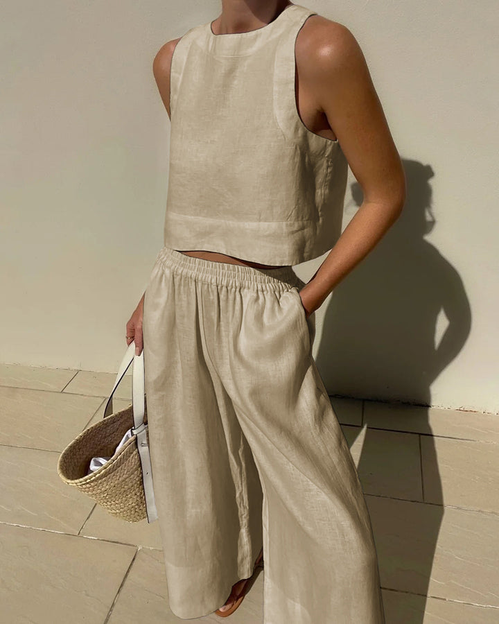 Alessia | Two-piece set with tailored top and wide-leg linen trousers