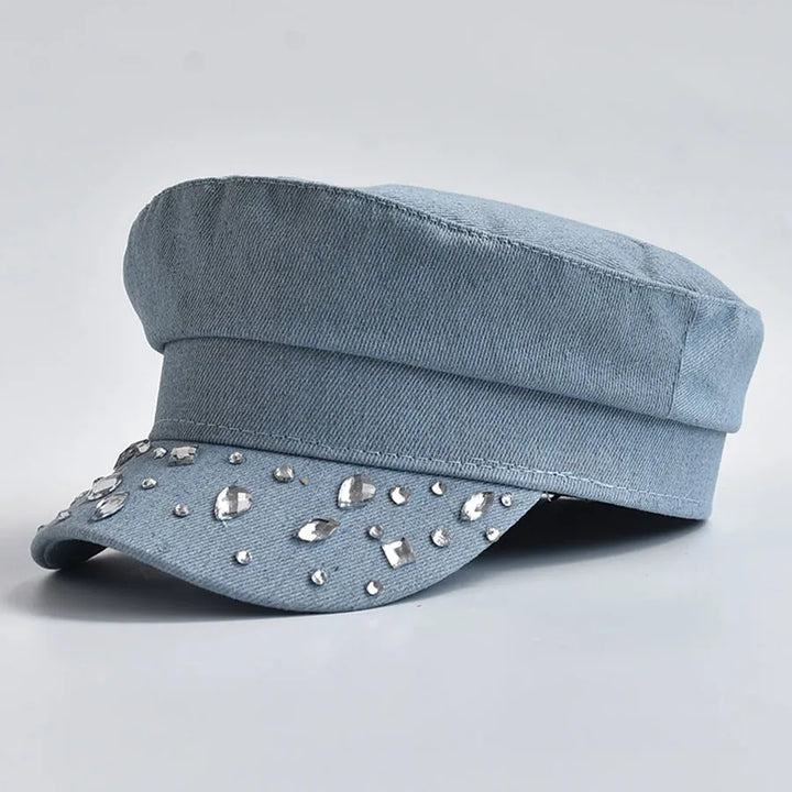 Alana | Women’s denim cabbie hat with gemstone accents