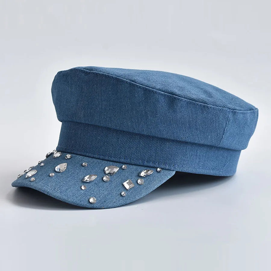 Alana | Women’s denim cabbie hat with gemstone accents
