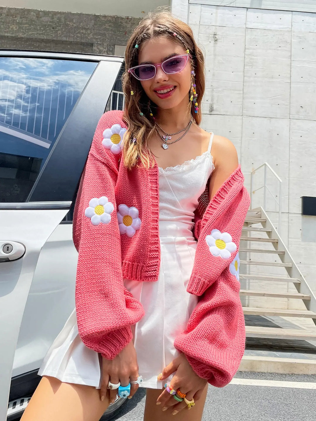 Ella | Women’s floral knit cardigan with daisy embroidery and open front