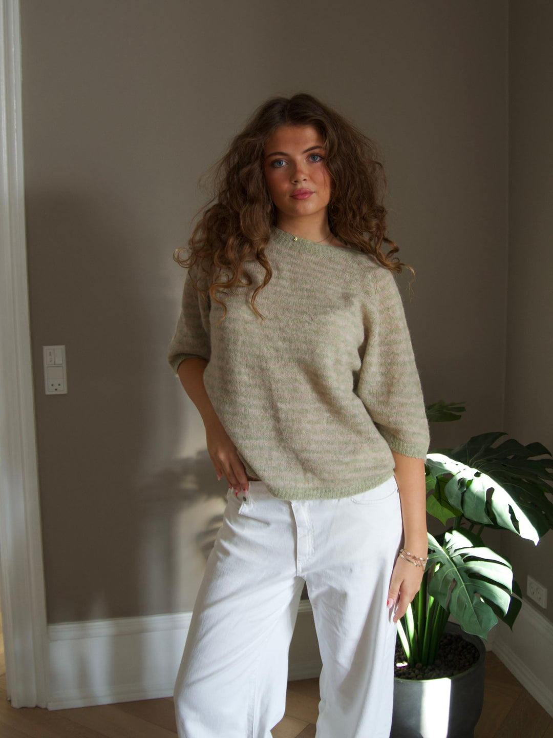 Colette | Women’s knit sweater with striped mid sleeve design