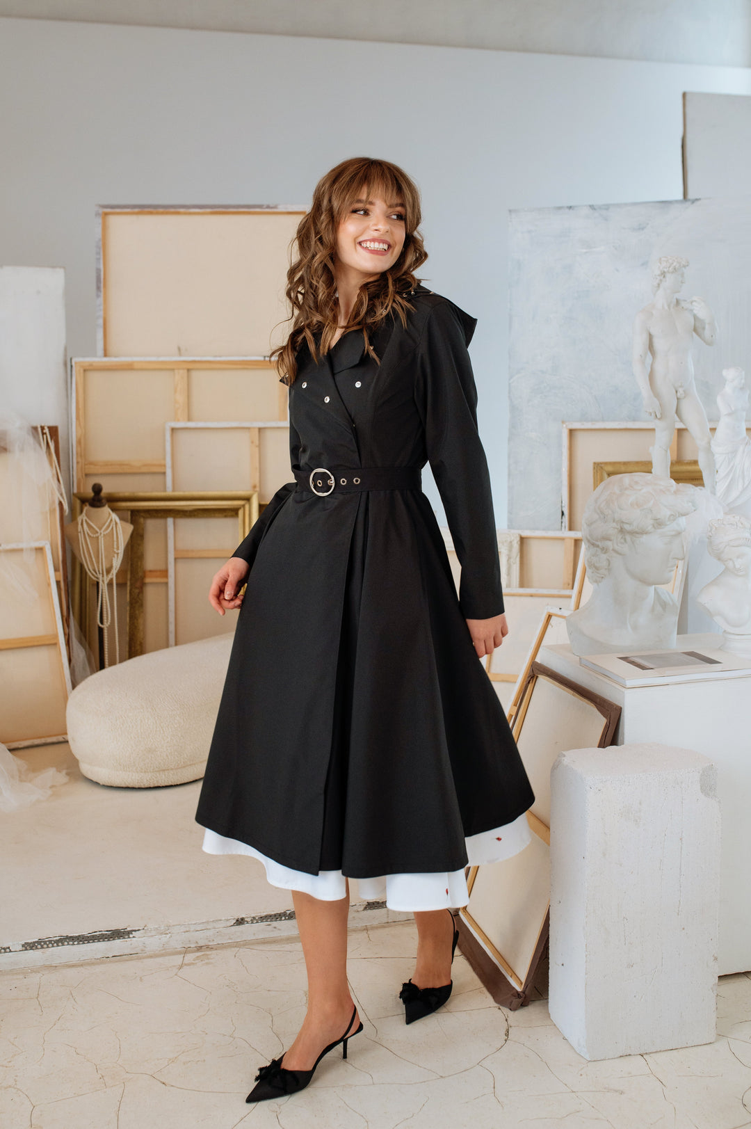 Gracie | Women’s double-breasted trench coat with adjustable hood and optional ruffle belt