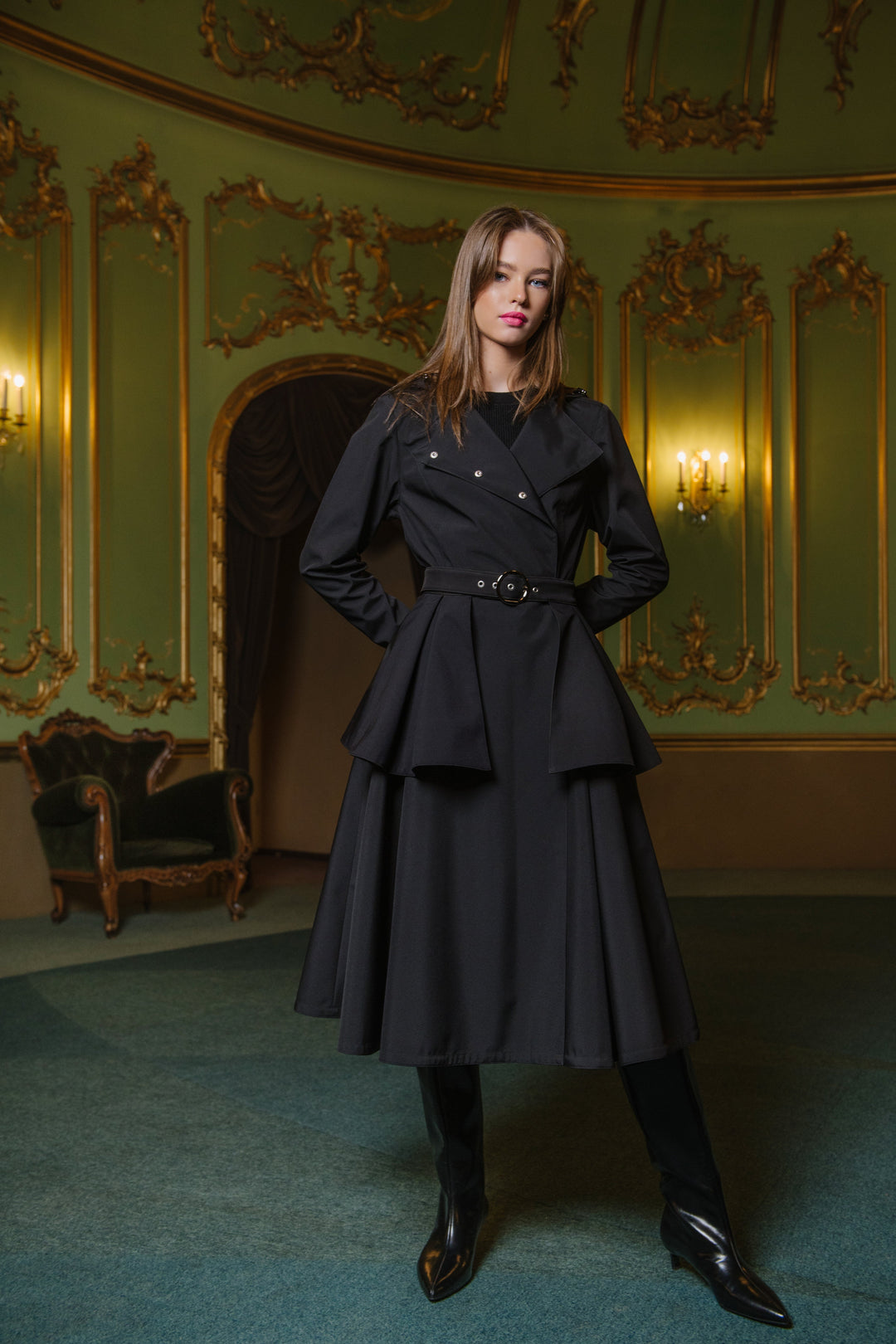 Gracie | Women’s double-breasted trench coat with adjustable hood and optional ruffle belt