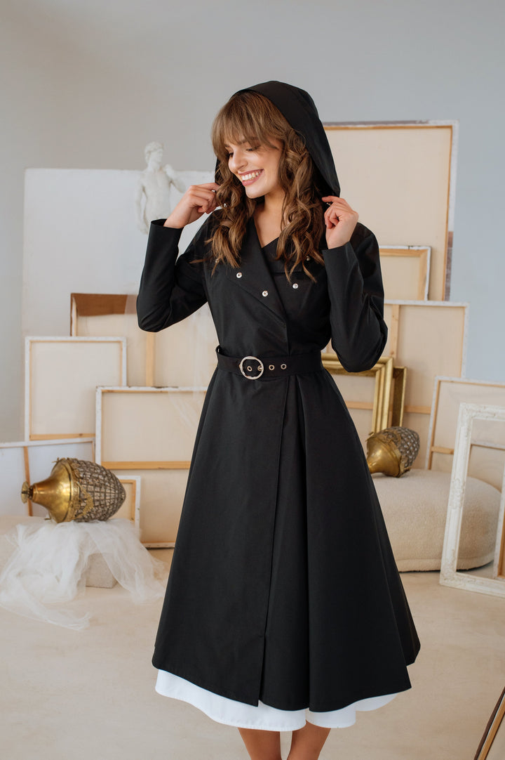 Gracie | Women’s double-breasted trench coat with adjustable hood and optional ruffle belt