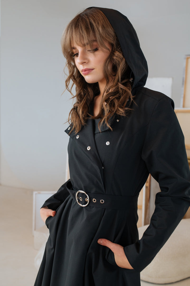 Gracie | Women’s double-breasted trench coat with adjustable hood and optional ruffle belt
