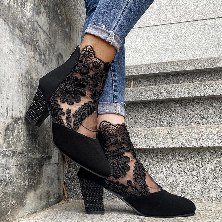 Gladys | Women’s lace ankle boots with floral mesh and block heel