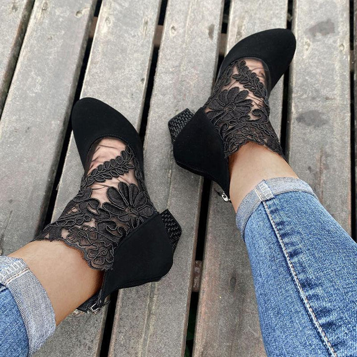 Gladys | Women’s lace ankle boots with floral mesh and block heel
