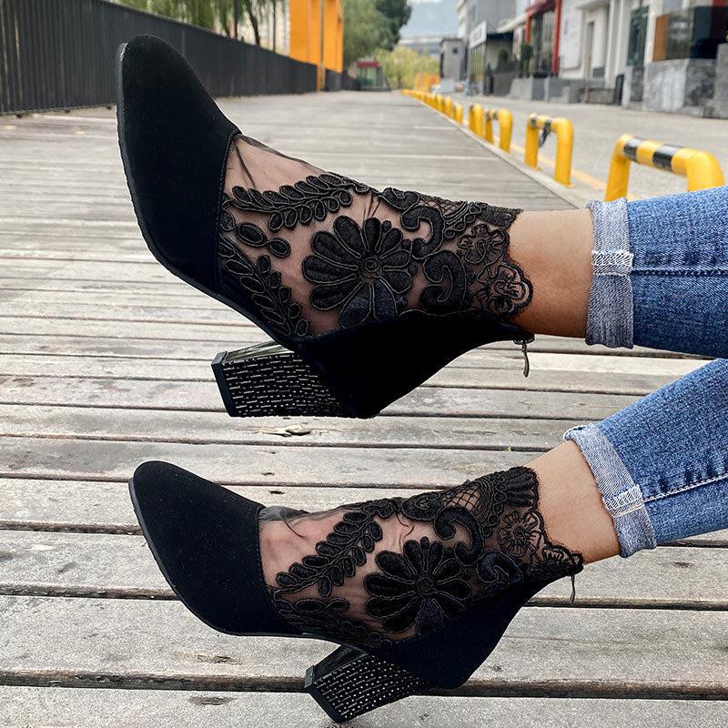 Gladys | Women’s lace ankle boots with floral mesh and block heel
