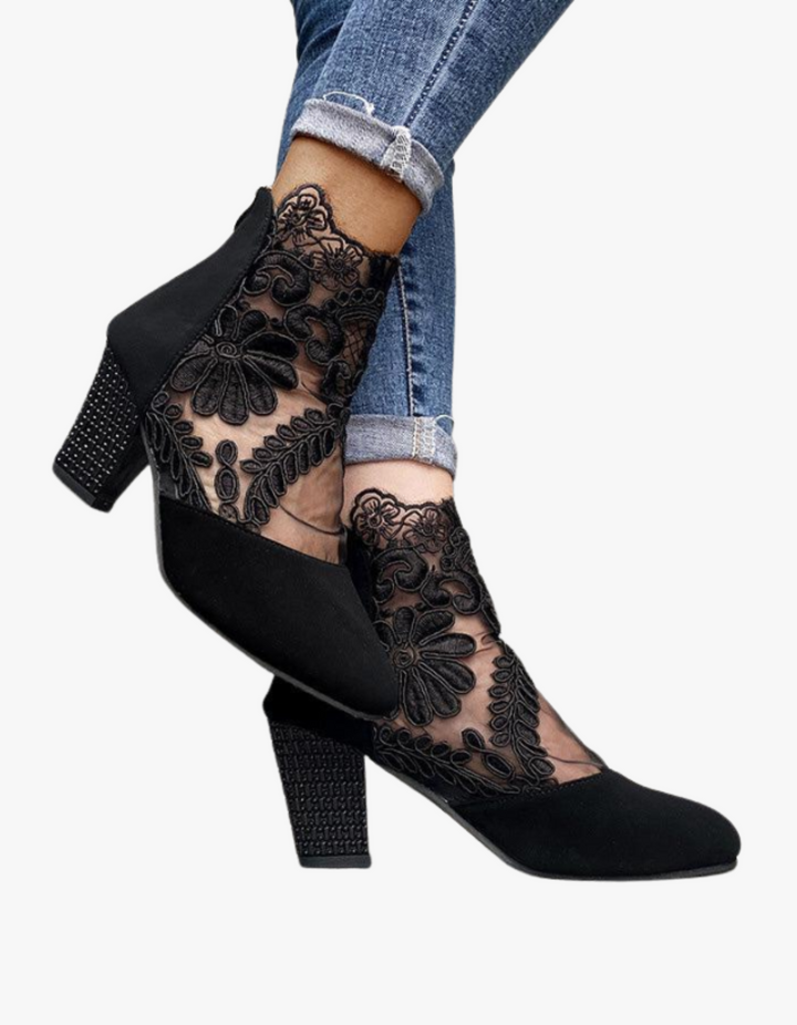Gladys | Women’s lace ankle boots with floral mesh and block heel