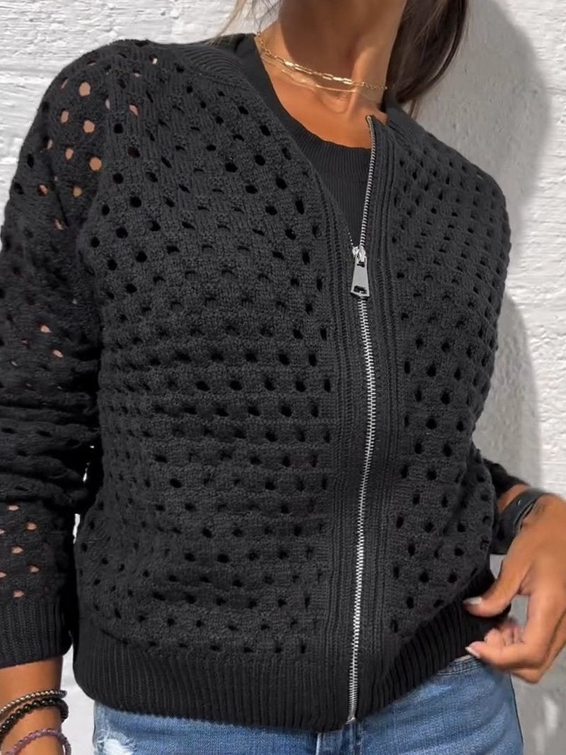 Valerie | Women’s hollow knit zip cardigan with ribbed edges