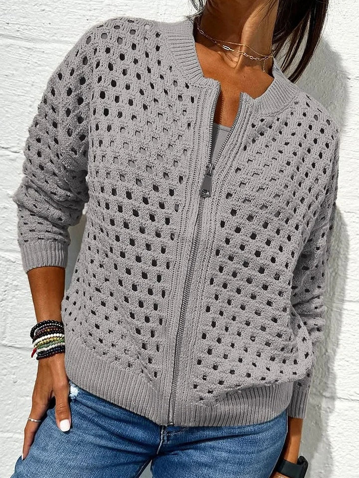 Valerie | Women’s hollow knit zip cardigan with ribbed edges