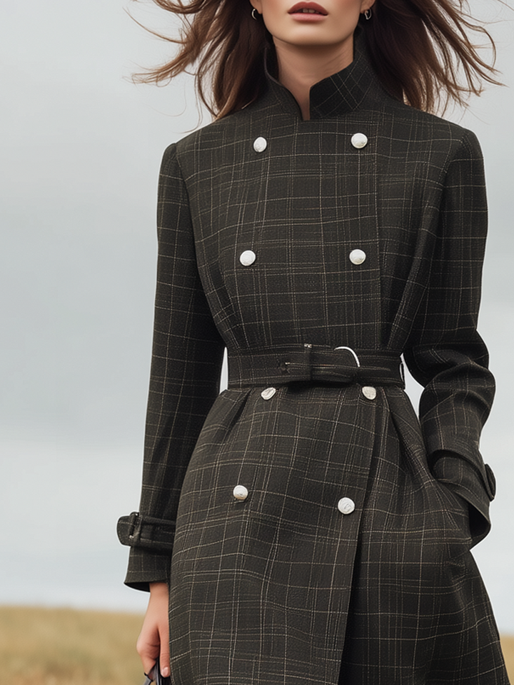 Jewel | Women’s retro plaid trench coat with stand-up collar and double-breasted design