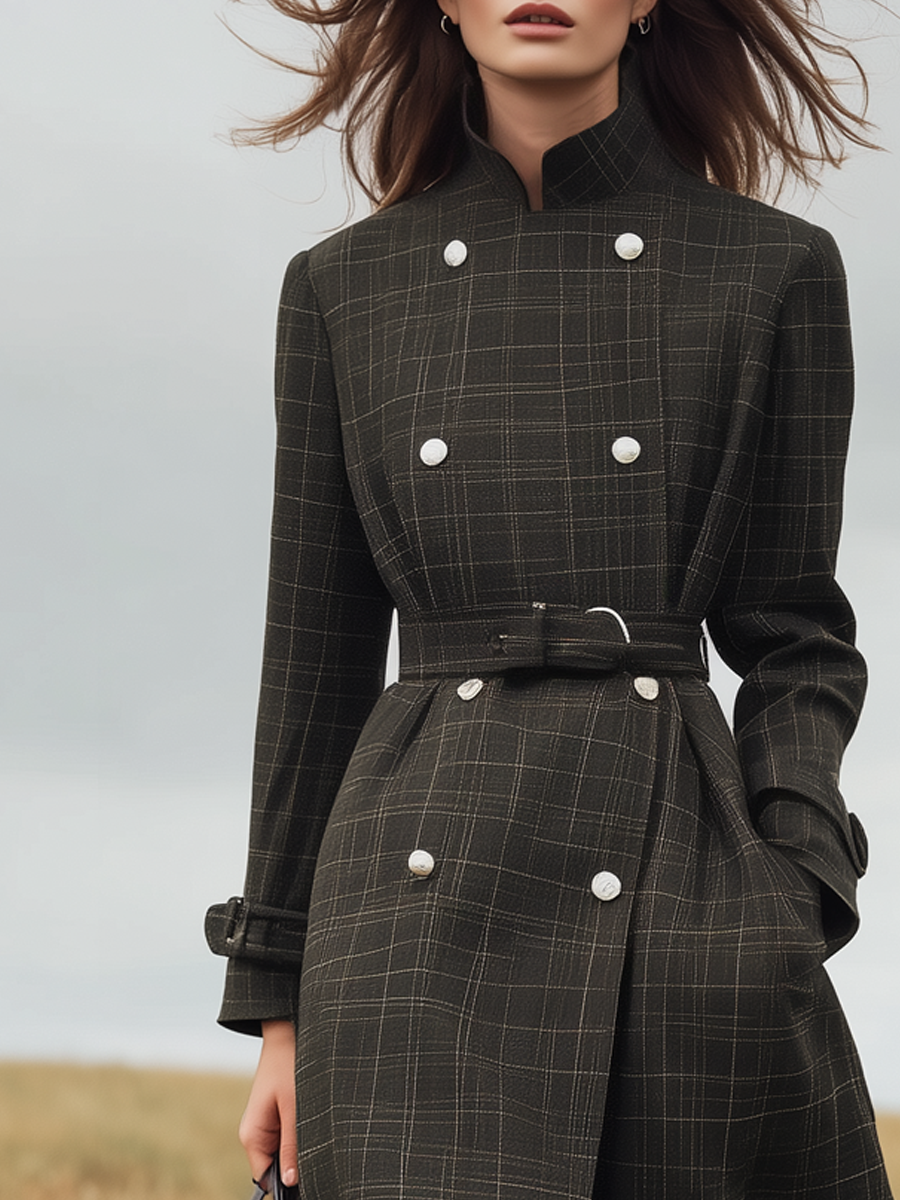 Melrio | Women’s retro plaid double-breasted trench coat with stand-up collar