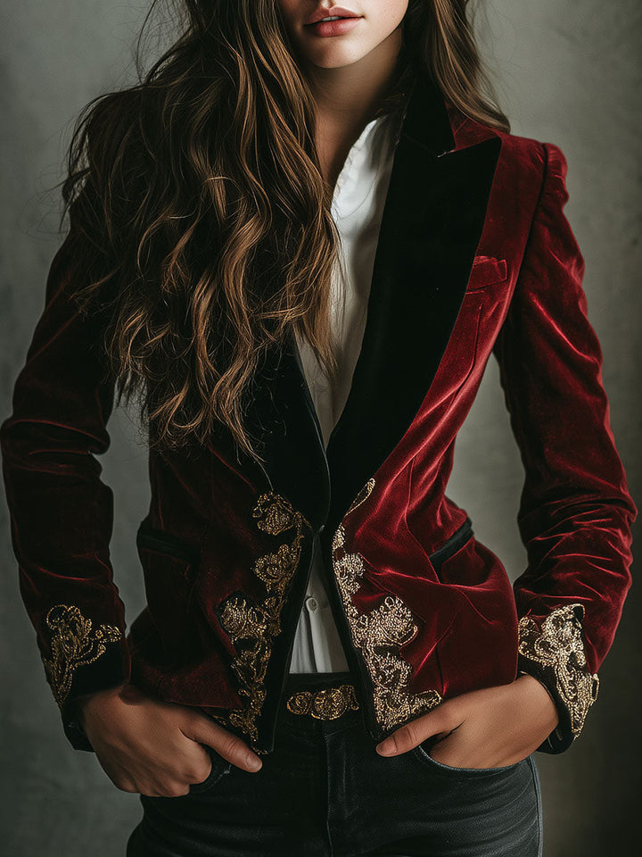 Elodie | Women’s velvet blazer with gold embroidery and black collar