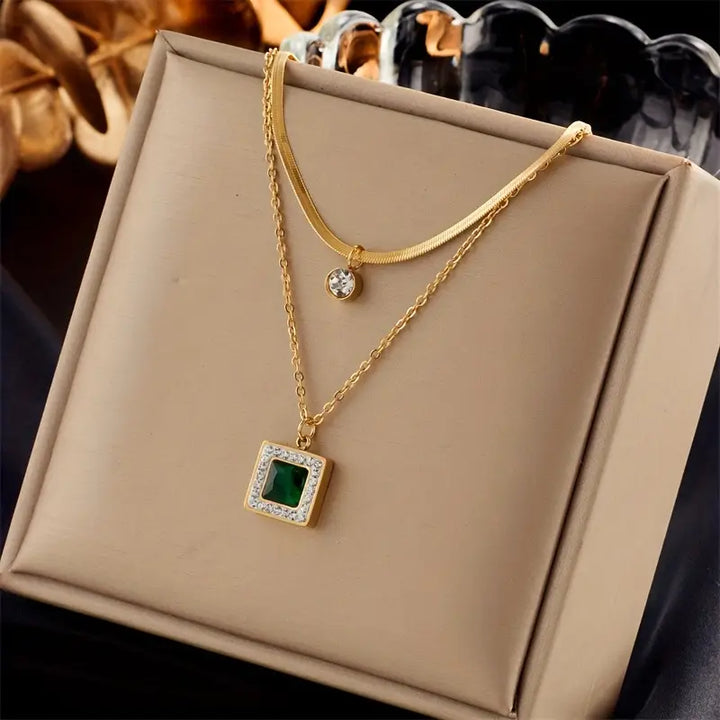 Emma | Women’s layered necklace with emerald pendant and crystal accent