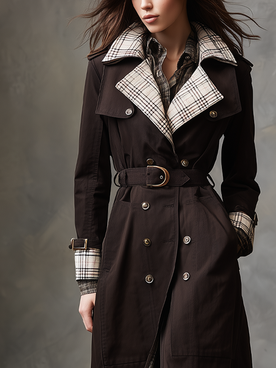 Katie | Women’s retro plaid trench coat with contrast collar