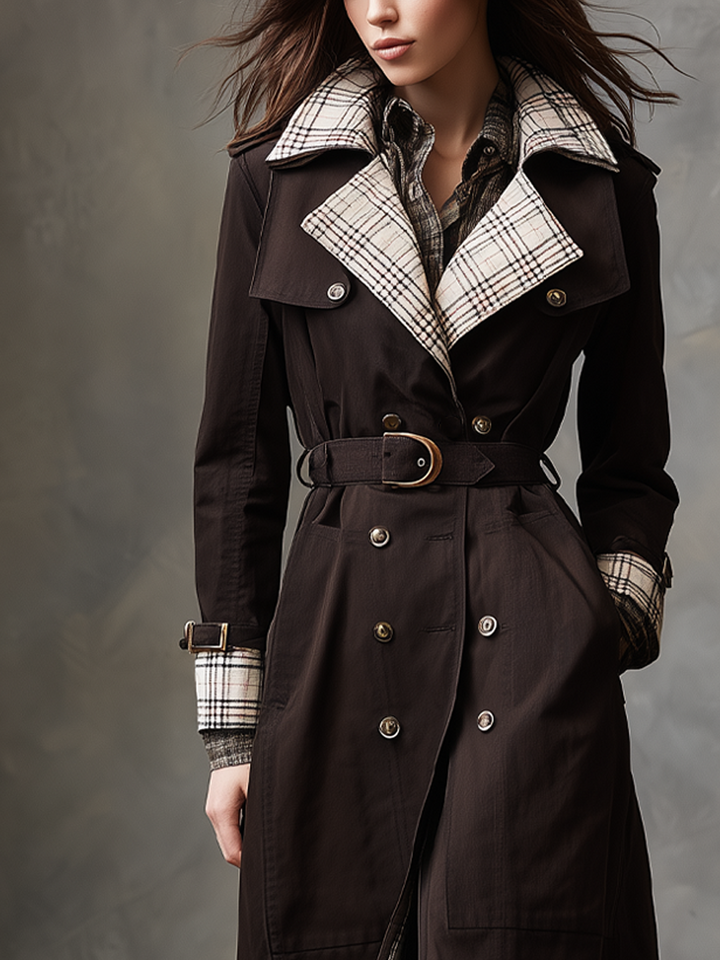 Katie | Women’s retro plaid trench coat with contrast collar