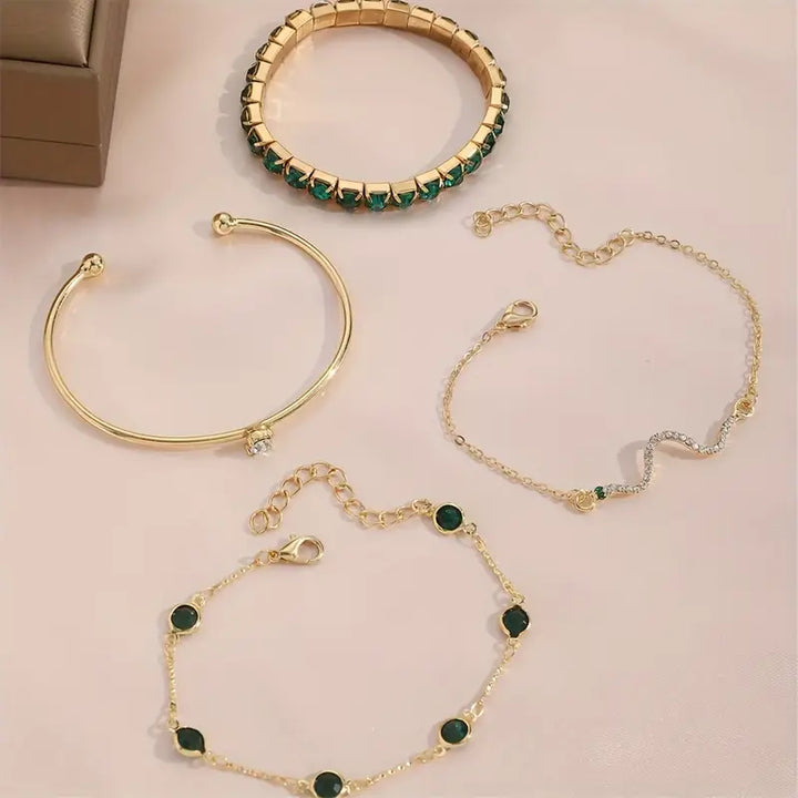 Jhacy | Women’s bracelet set with green gem stone accents and crystal details