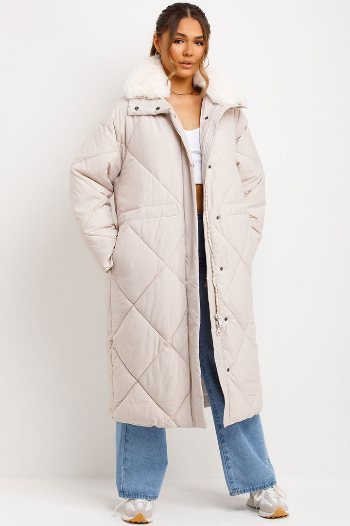 Wrenlee | Women’s long puffer quilted winter coat with faux fur collar