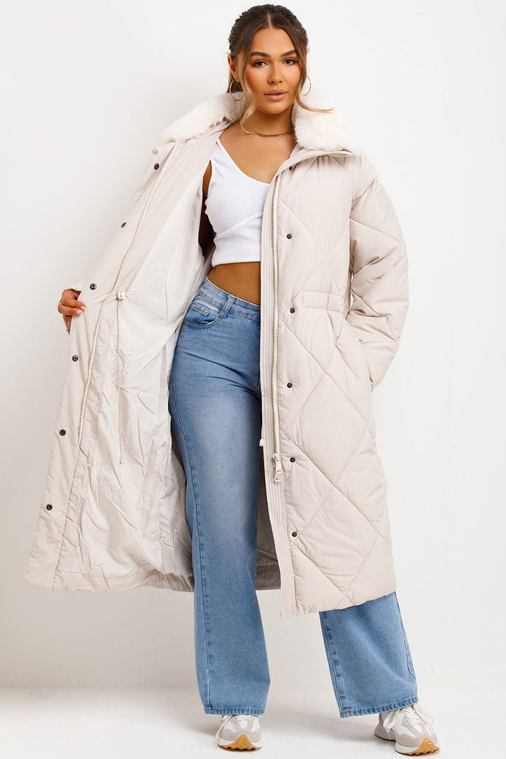 Wrenlee | Women’s long puffer quilted winter coat with faux fur collar