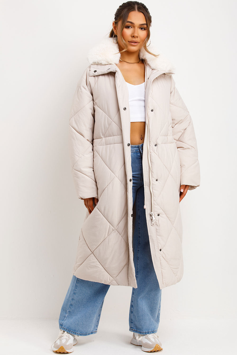 Wrenlee | Women’s long puffer quilted winter coat with faux fur collar