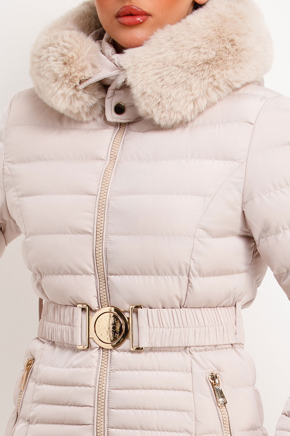 Galilea | Women’s belted puffer jacket with faux fur hood