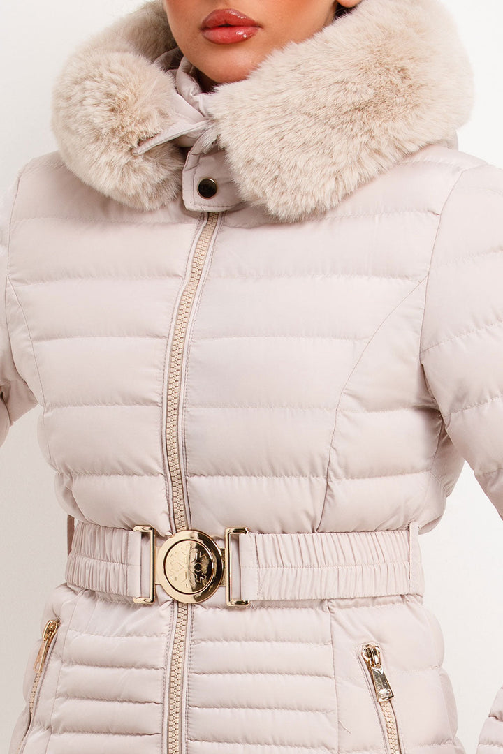 Galilea | Women’s belted puffer jacket with faux fur hood