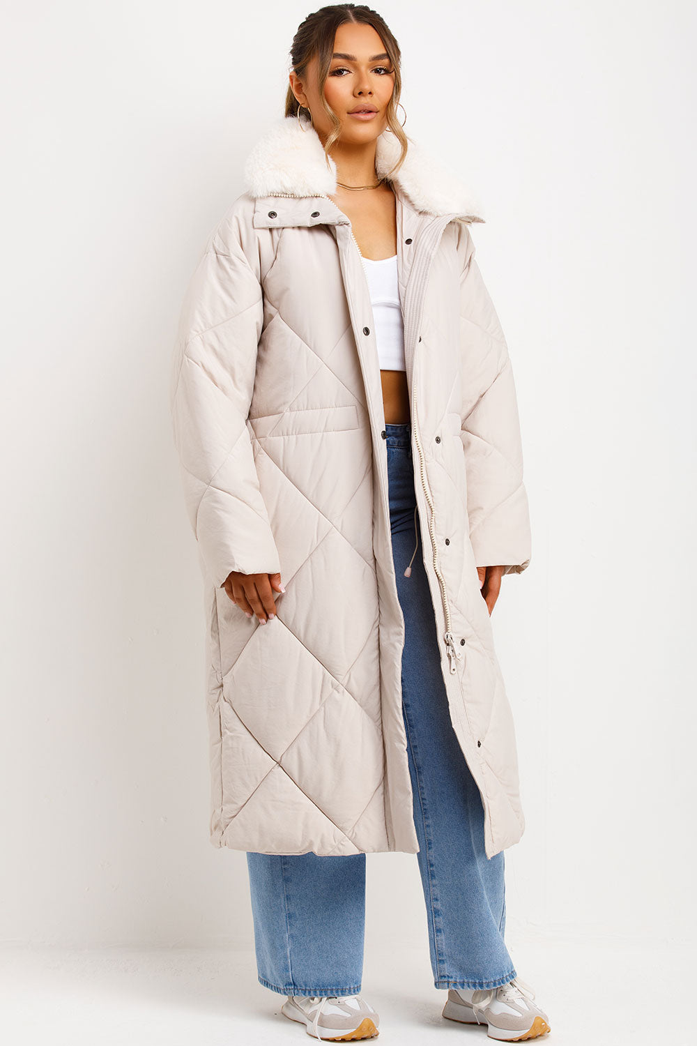 Wrenlee | Women’s long puffer quilted winter coat with faux fur collar