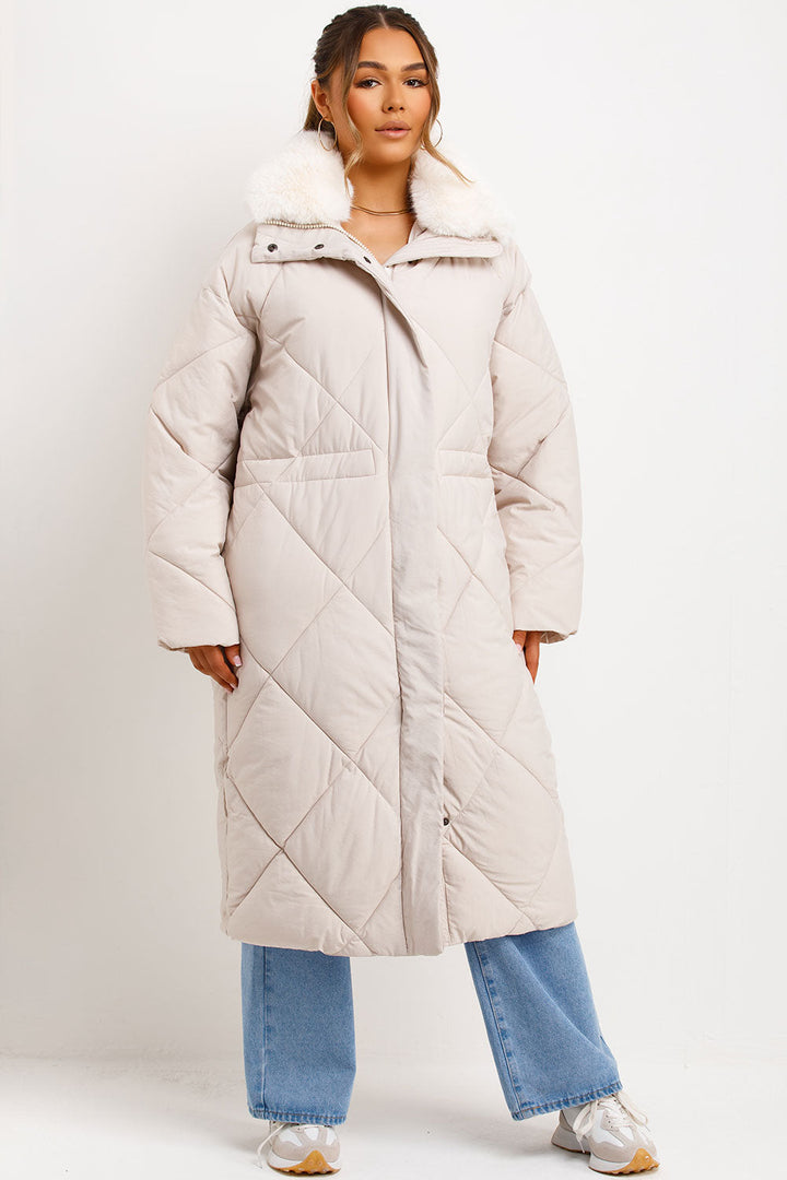 Wrenlee | Women’s long puffer quilted winter coat with faux fur collar