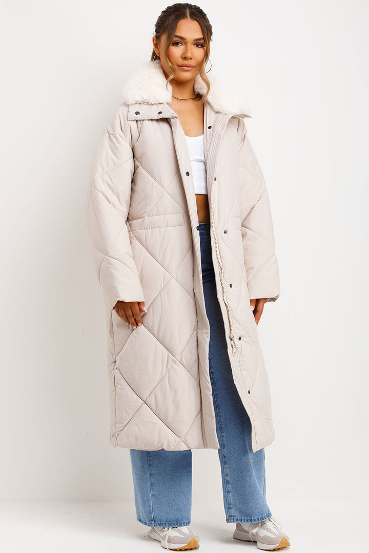 Wrenlee | Women’s long puffer quilted winter coat with faux fur collar