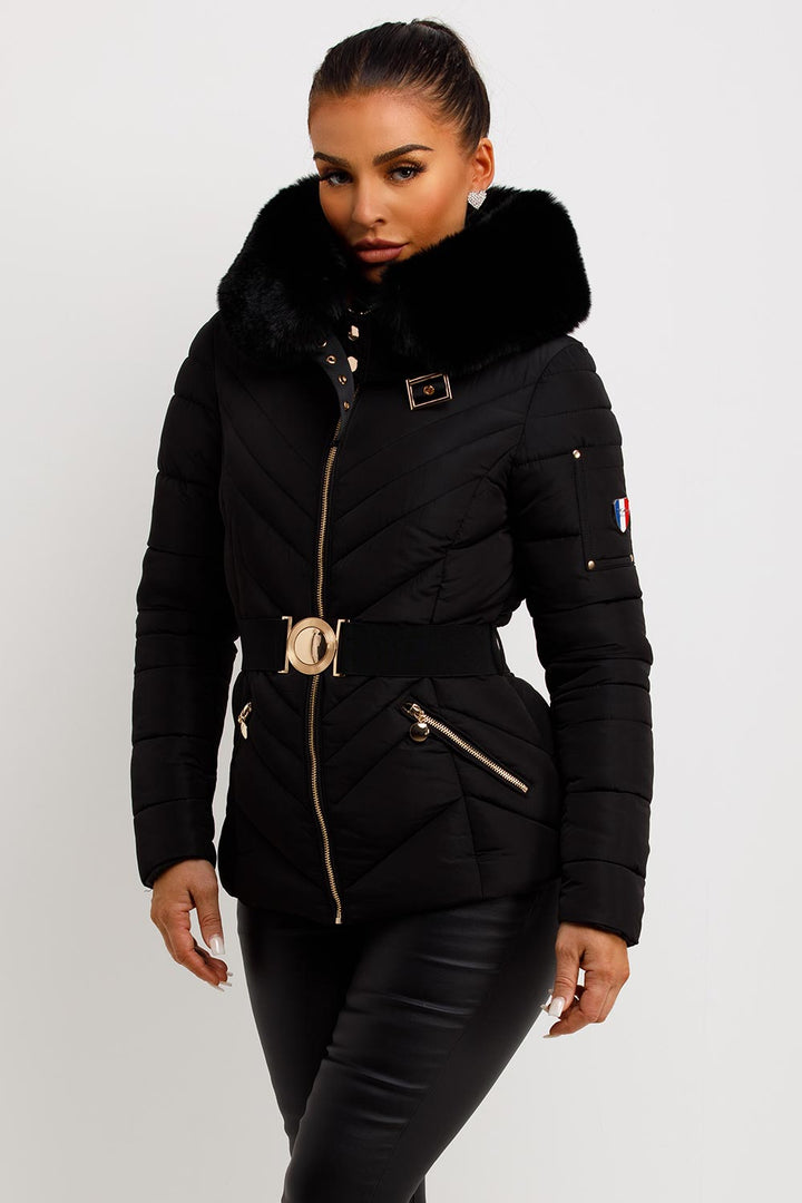 Febby | Women’s belted puffer jacket with faux-fur hood
