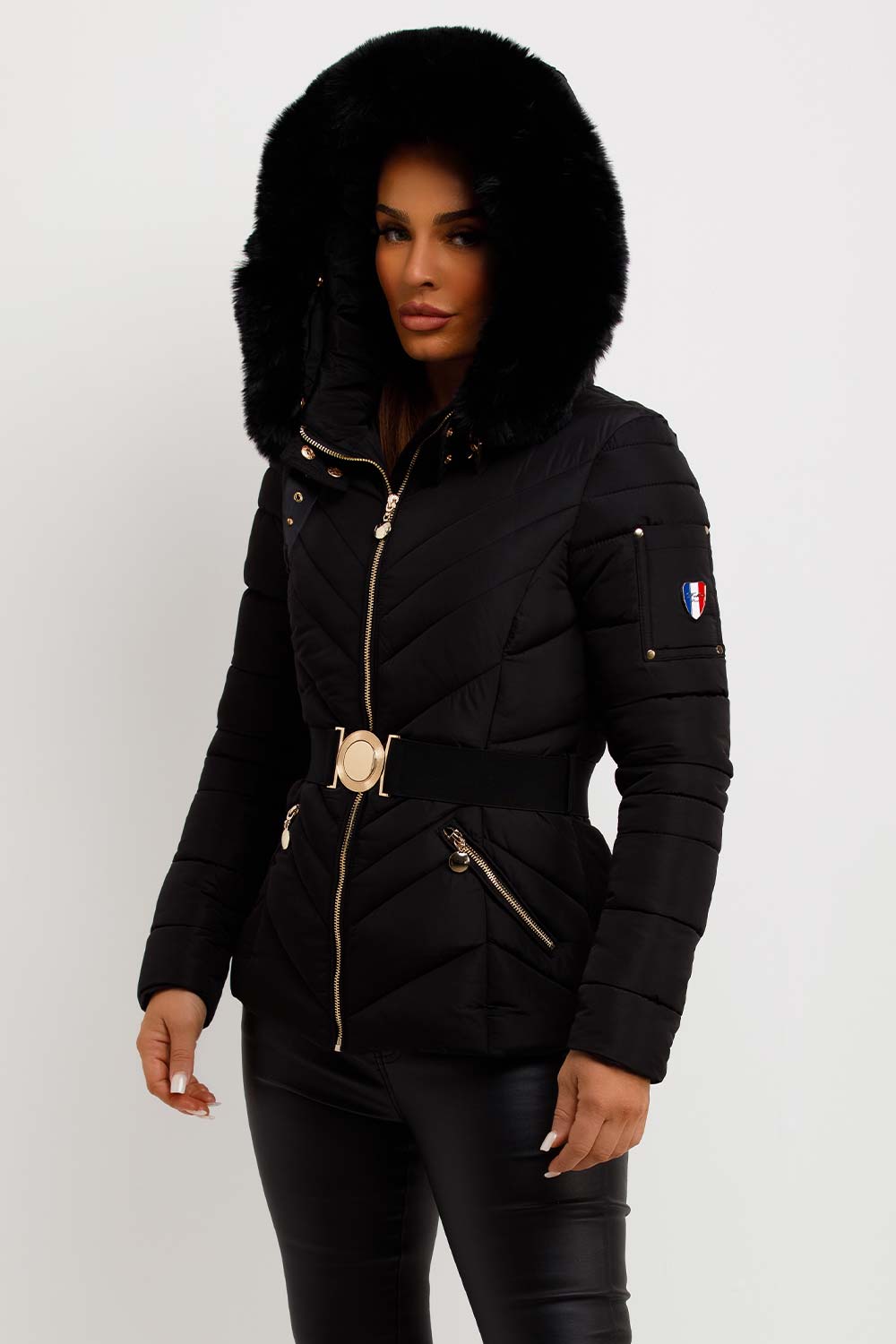 Febby | Women’s belted puffer jacket with faux-fur hood