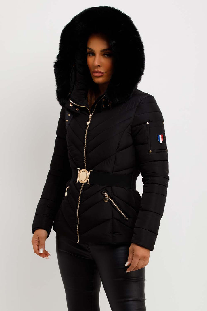 Febby | Women’s belted puffer jacket with faux-fur hood