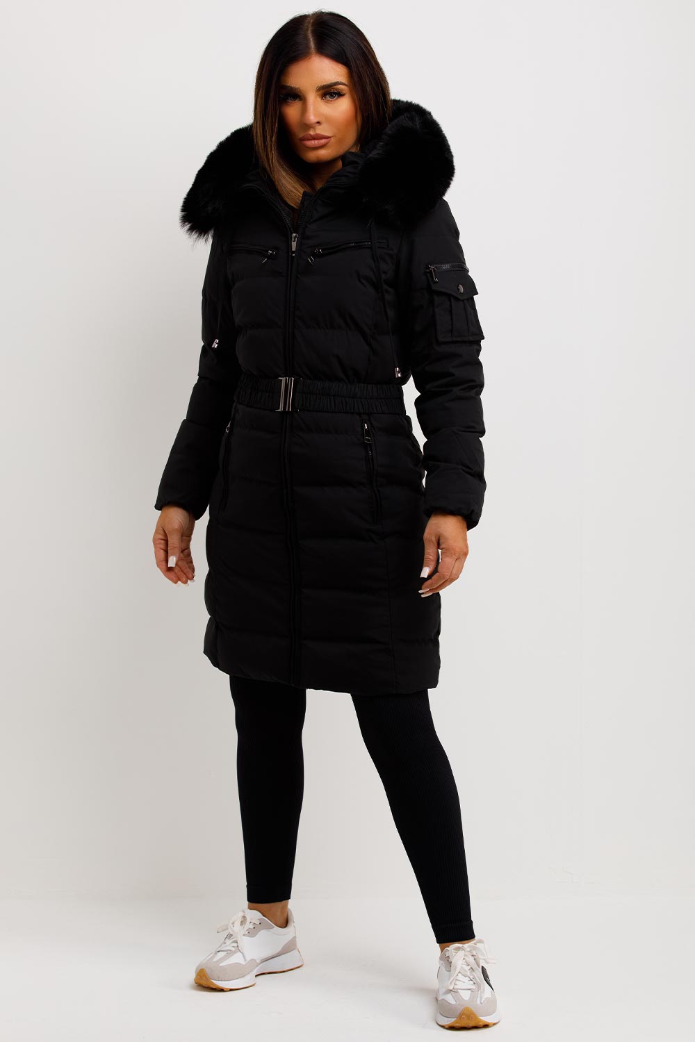 Audrina | Women’s long belted puffer coat with faux-fur hood