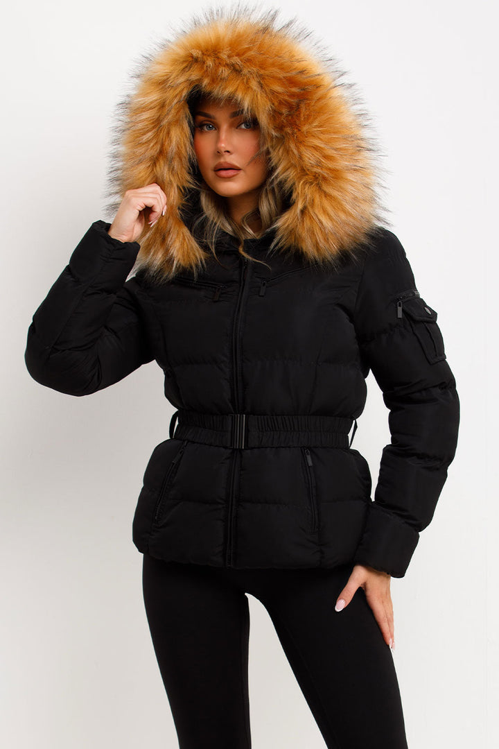 Maisyn | Women’s belted puffer jacket with faux fur hood