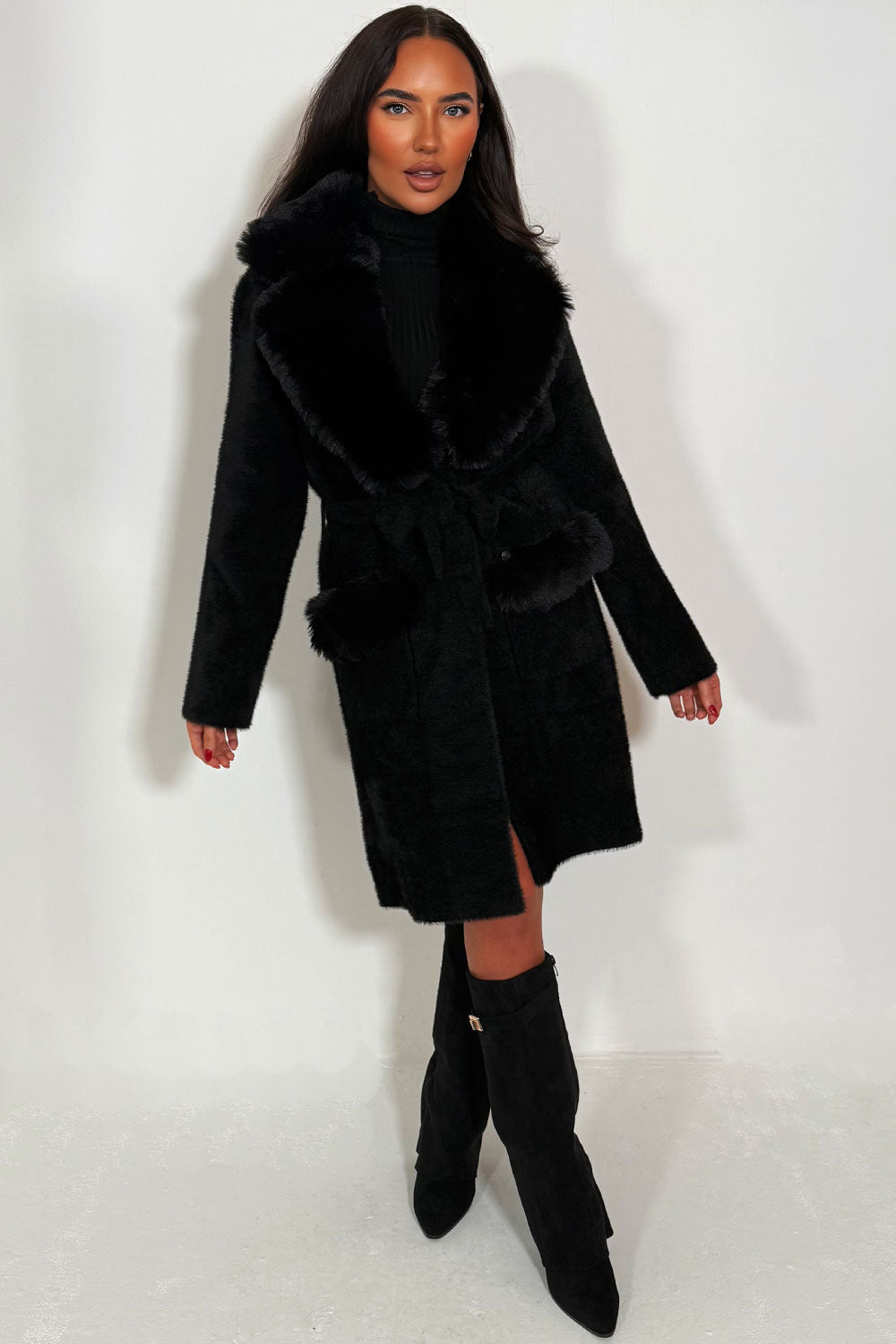 Kesslyn | Women’s belted coat with faux fur collar