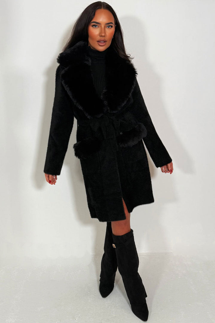 Kesslyn | Women’s belted coat with faux fur collar