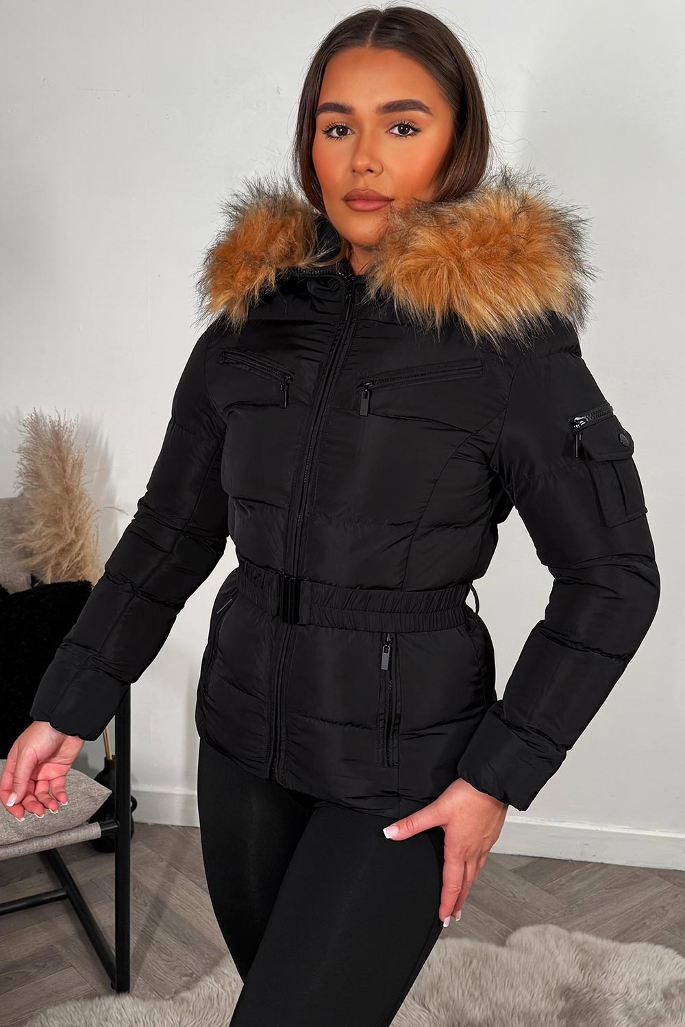 Maisyn | Women’s belted puffer jacket with faux fur hood