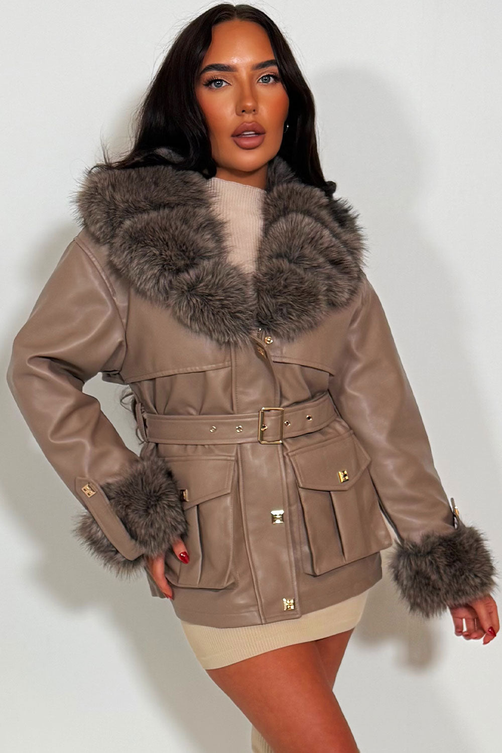 Brisa | Women’s faux leather jacket with faux fur collar and cuffs
