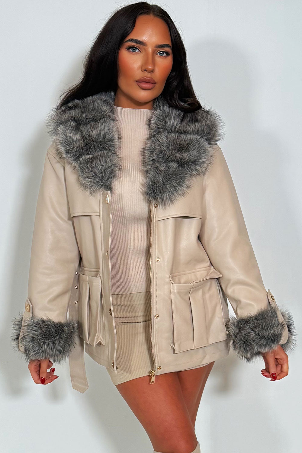 Saori | Women’s faux leather jacket with detachable faux fur collar and cuffs