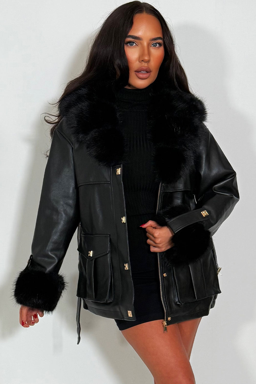 Zinnia | Women’s faux leather jacket with faux fur collar and cuffs
