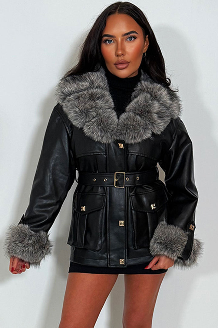 Callista | Women’s faux leather jacket with faux fur collar and cuffs