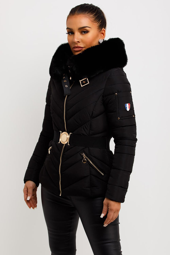 Febby | Women’s belted puffer jacket with faux-fur hood