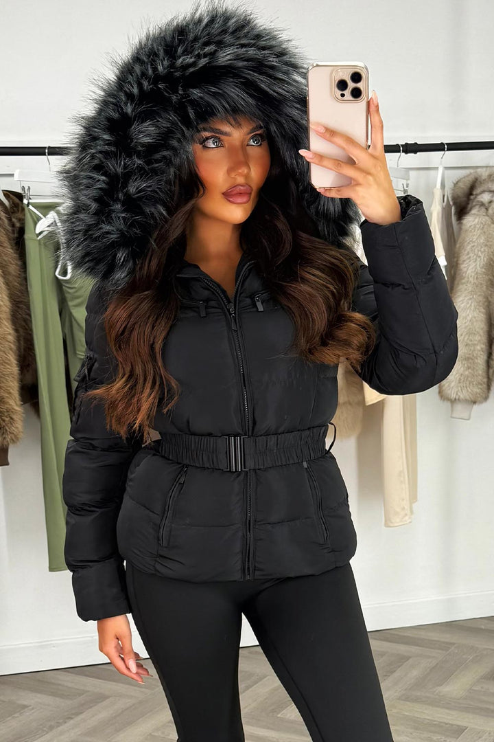Lux | Women’s belted puffer jacket with faux-fur hood