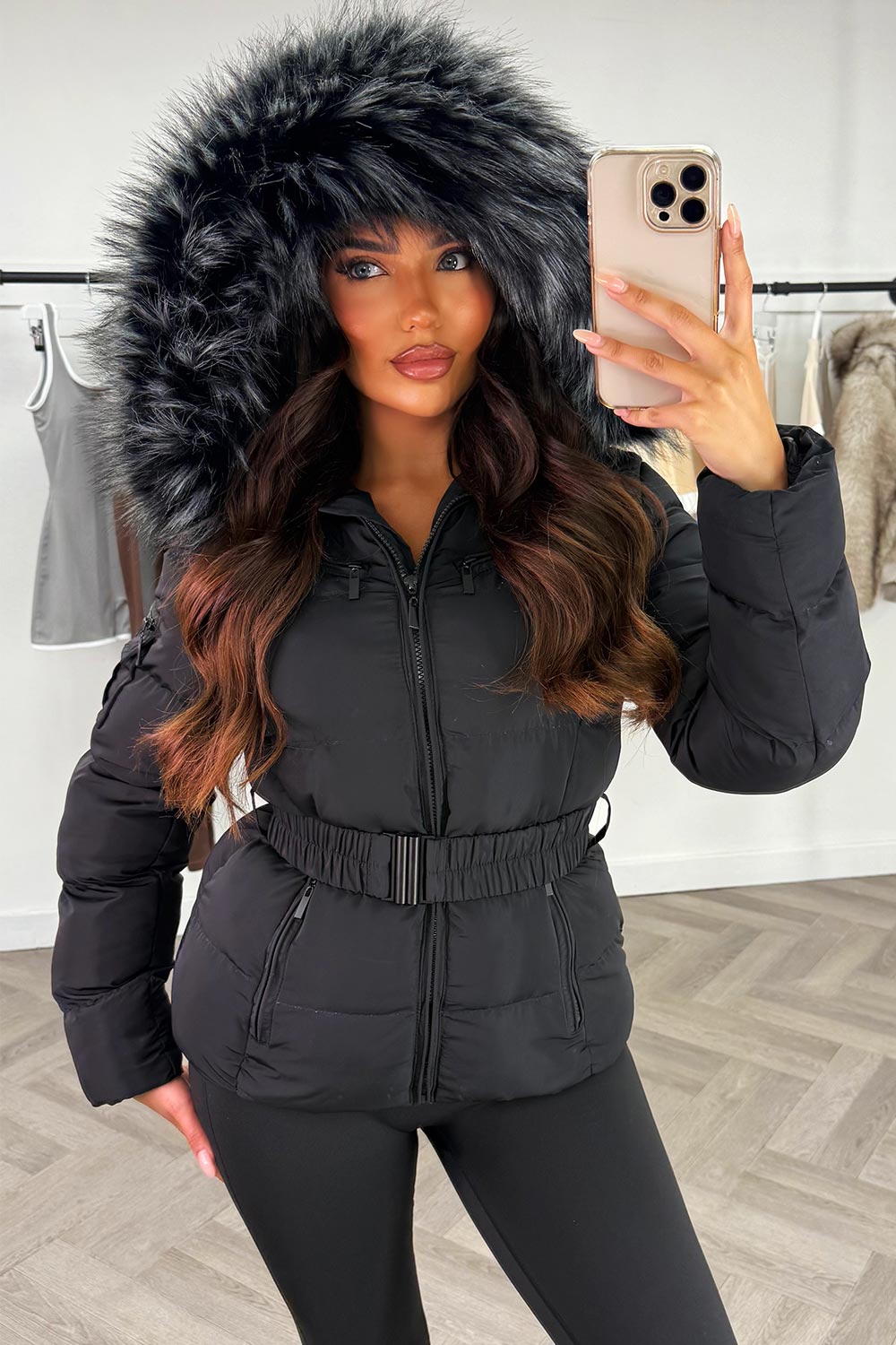 Lux | Women’s belted puffer jacket with faux-fur hood
