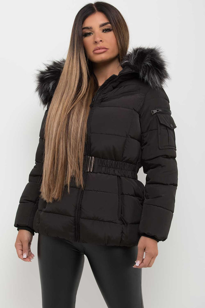 Lux | Women’s belted puffer jacket with faux-fur hood