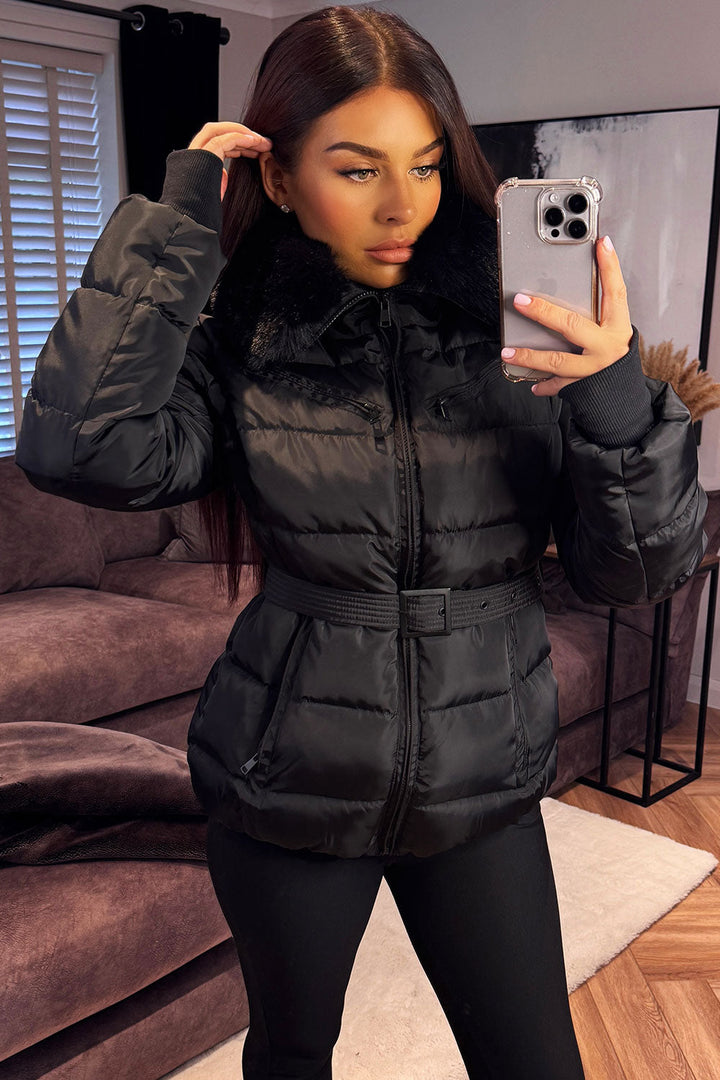 Brinlee | Women’s belted puffer jacket with faux fur hood